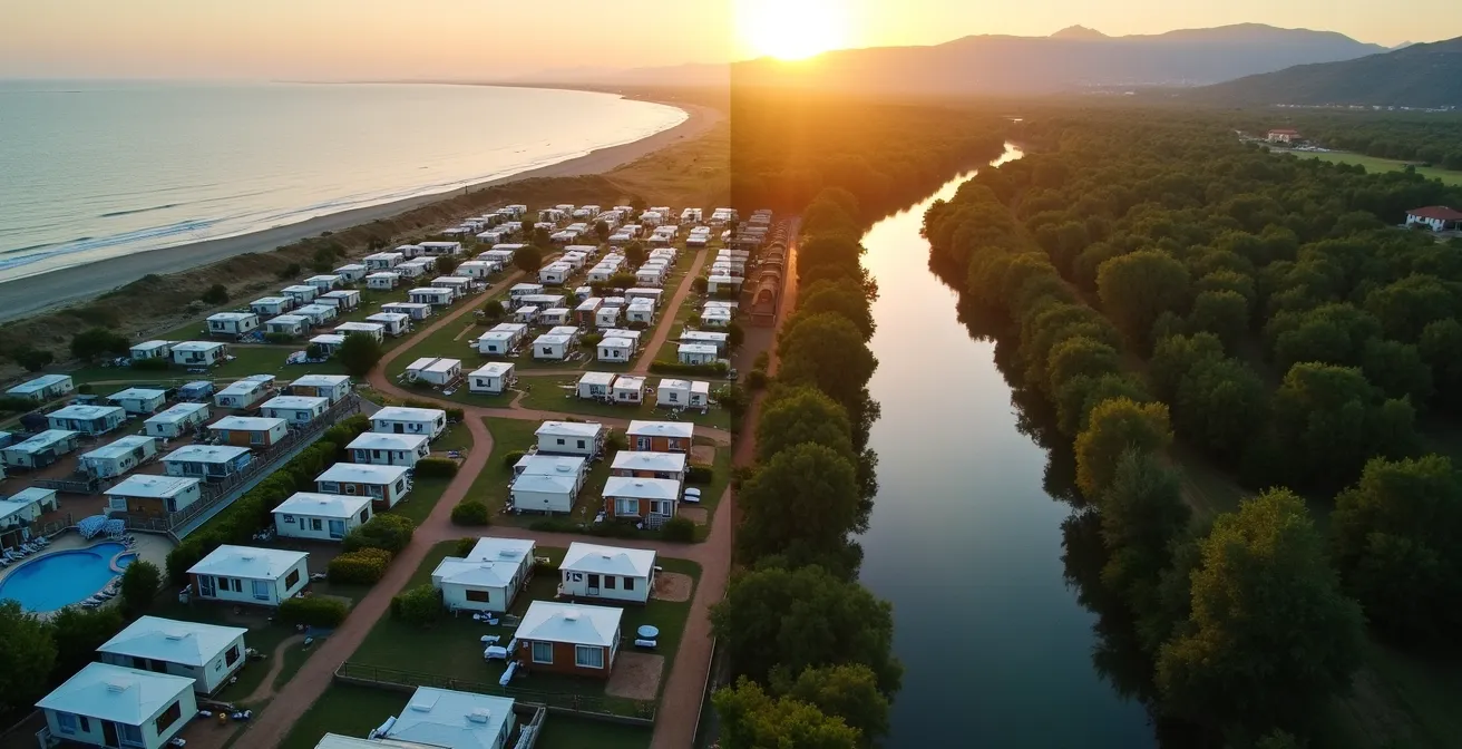 Split aerial view showing a massive 5-star resort campsite versus a small riverside 3-star site