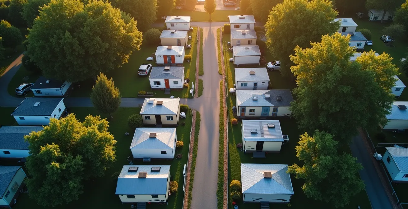 Aerial perspective showing spacing between detached mobile homes with natural air flow patterns