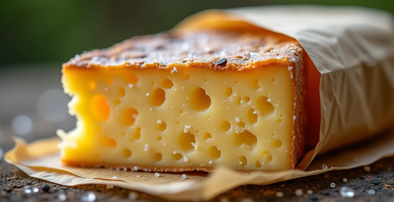 Hard aged French cheese wheels stored in camping conditions with alpine background