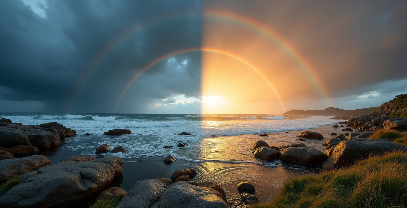 Atlantic coastline during golden hour showing dramatic clouds breaking to reveal sunshine over waves