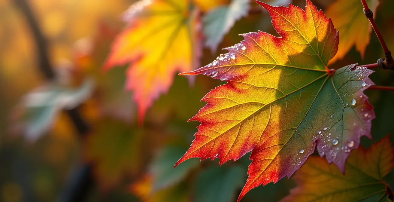Close-up of golden and crimson grape leaves with morning dew