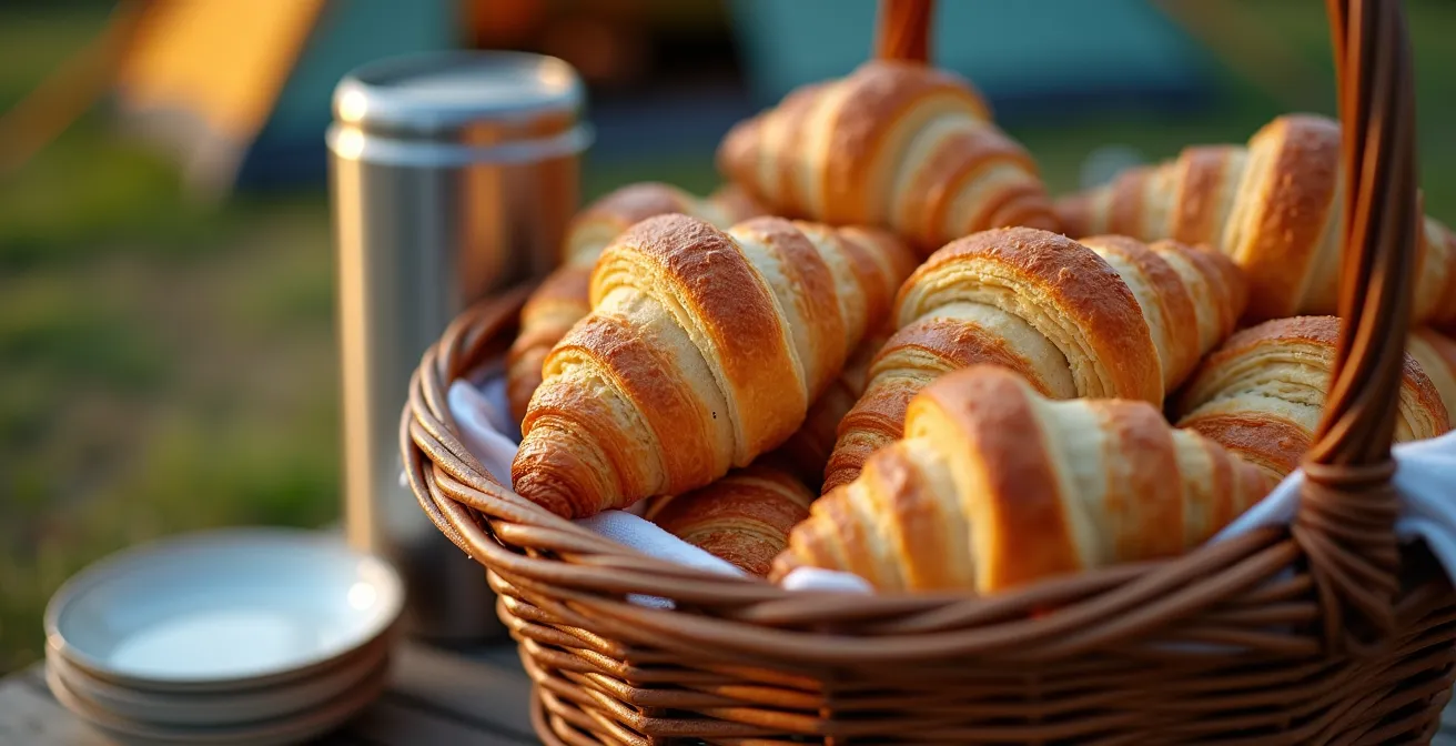 Peaceful morning campsite scene with fresh breakfast delivery arriving at tent