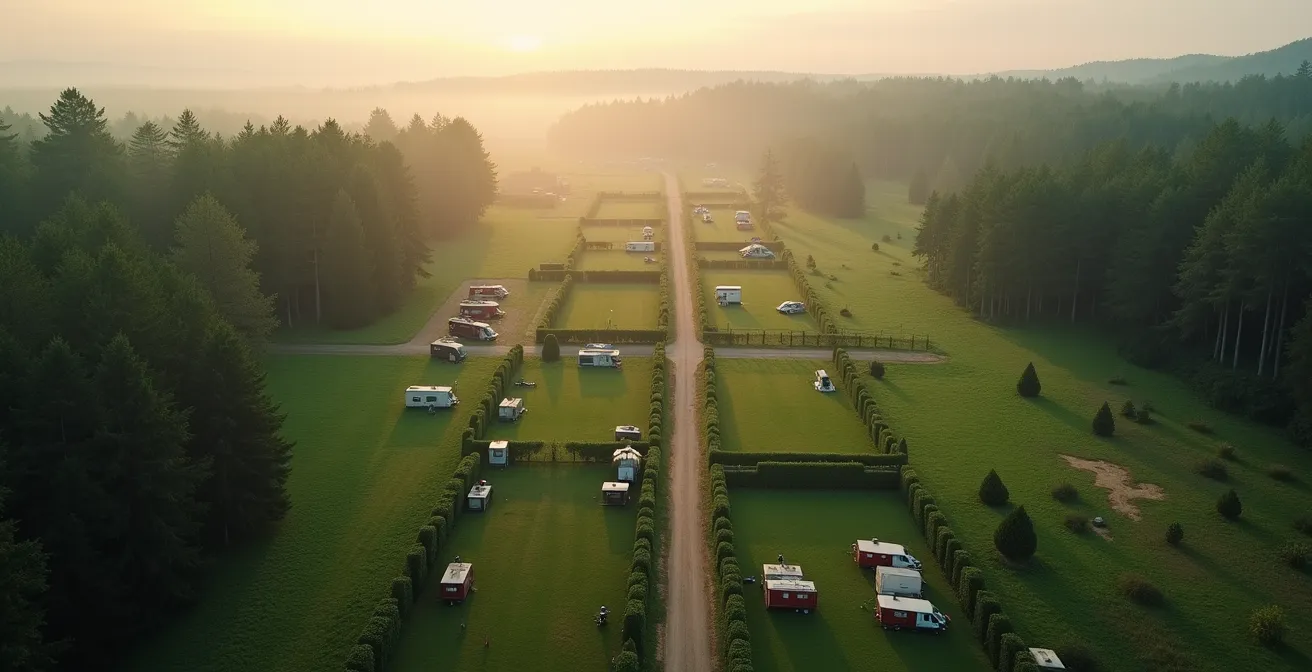 Aerial perspective of campsite showing quiet zones with natural barriers and spacing between pitches