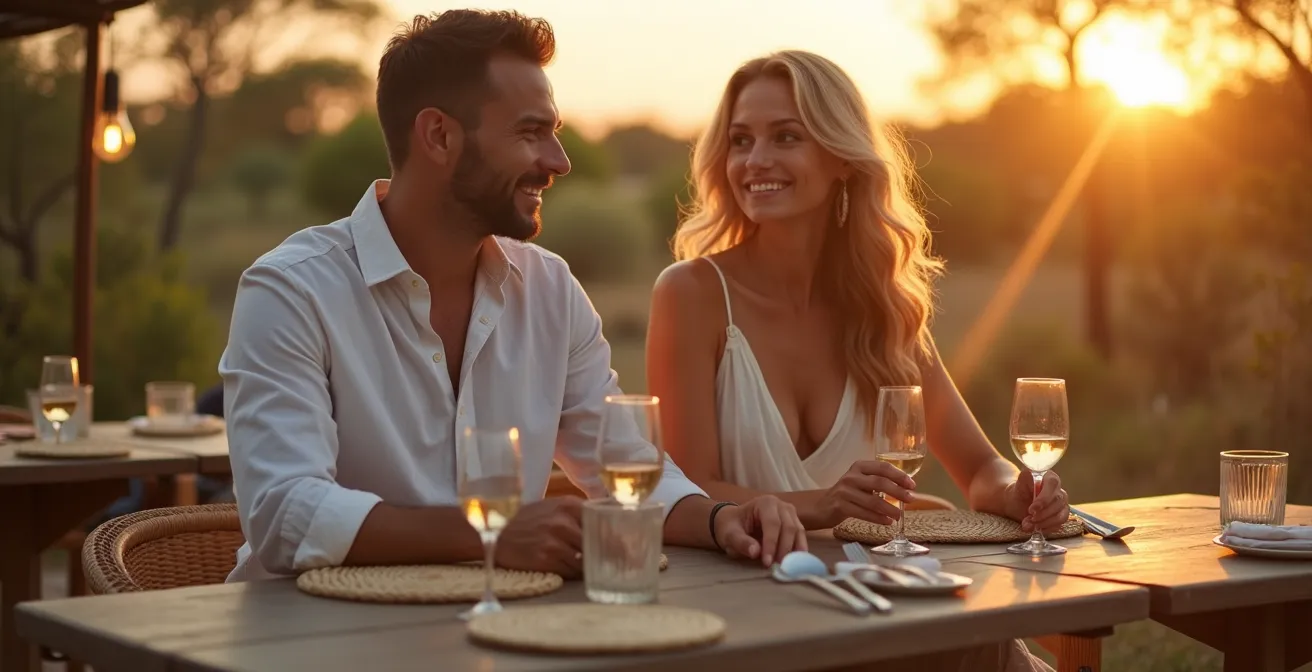 Elegant couple dining at outdoor campsite restaurant in smart casual attire