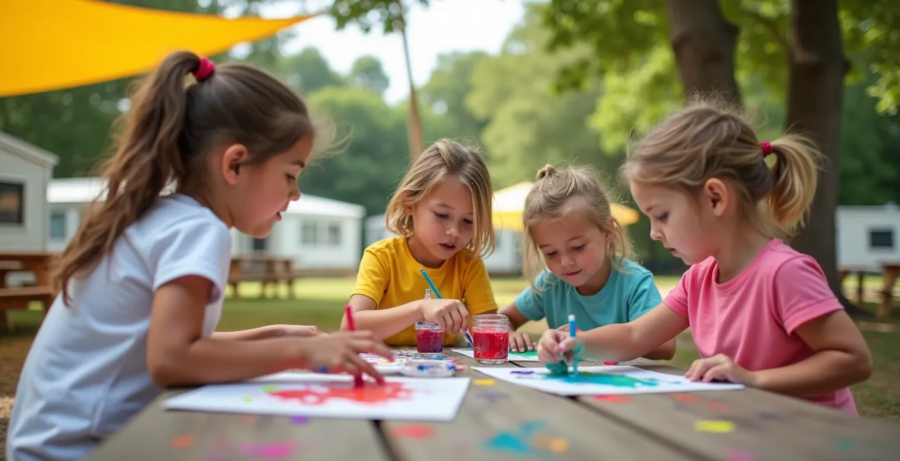 Close-up of engaged children painting outdoors at a campsite kids' club with professional animators