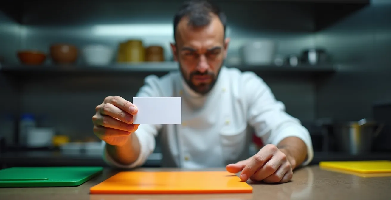 Professional chef carefully examining an allergy information card in a restaurant kitchen