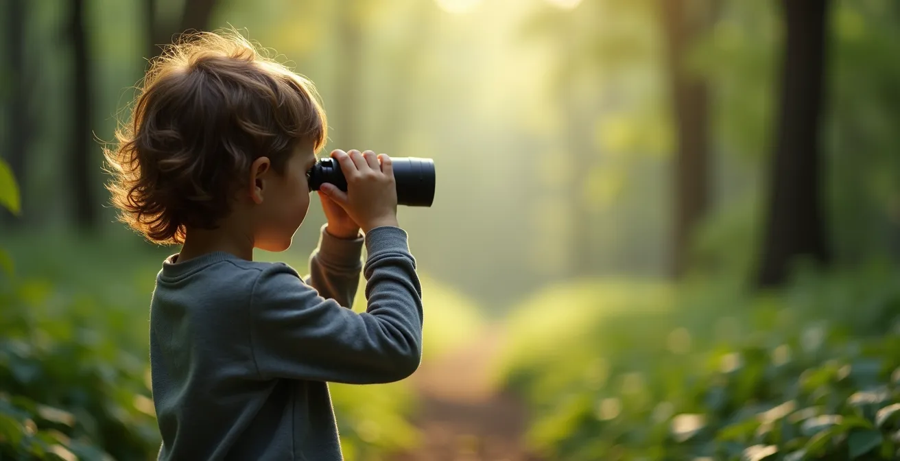 Child using binoculars to observe wildlife from a respectful distance in a forest setting