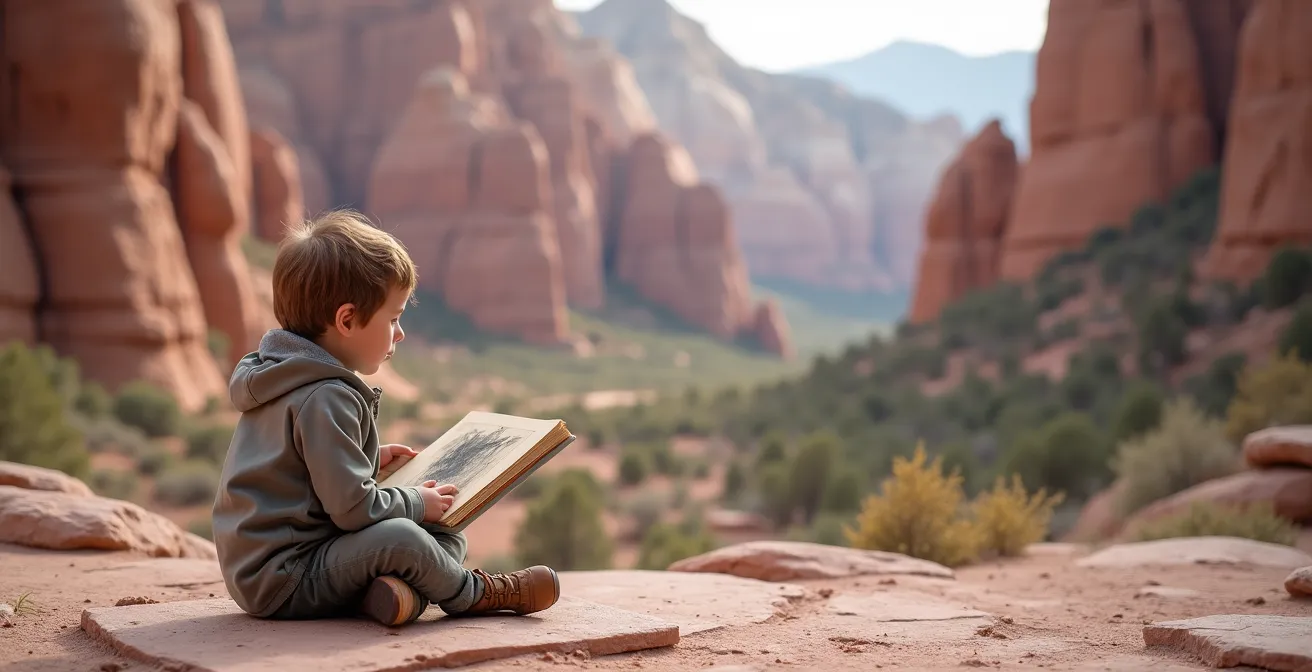 Young child with sketchbook drawing the pink granite rock formations at close range