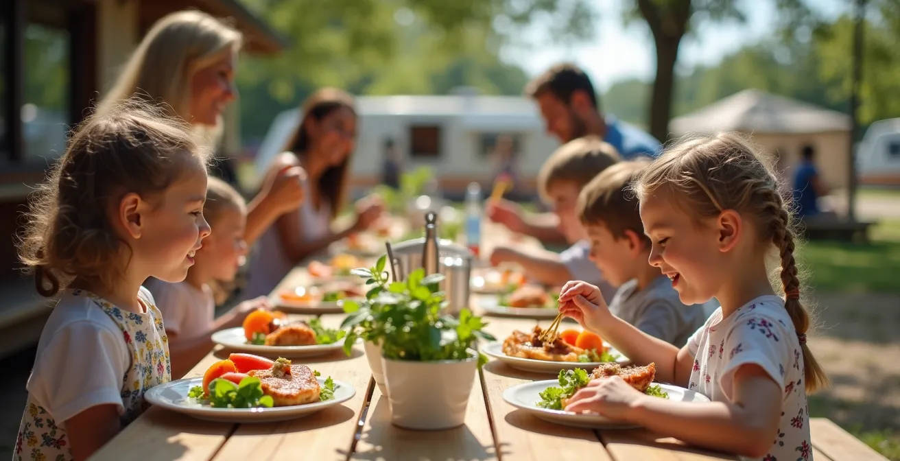 Happy children eating fresh, colorful food at an outdoor campsite restaurant table