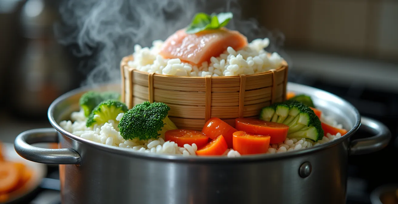 Organized small camping kitchen showing vertical cooking setup with stackable pots