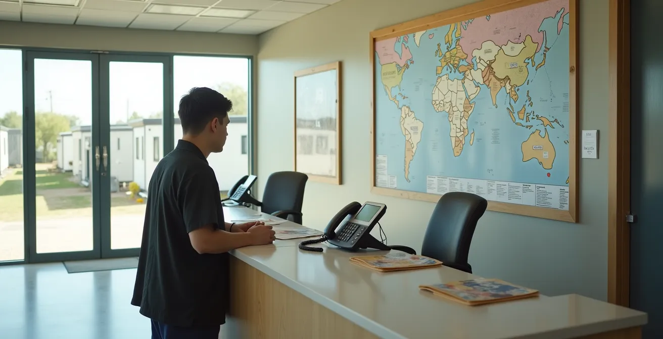 Concierge organizing medical documents at campsite reception desk