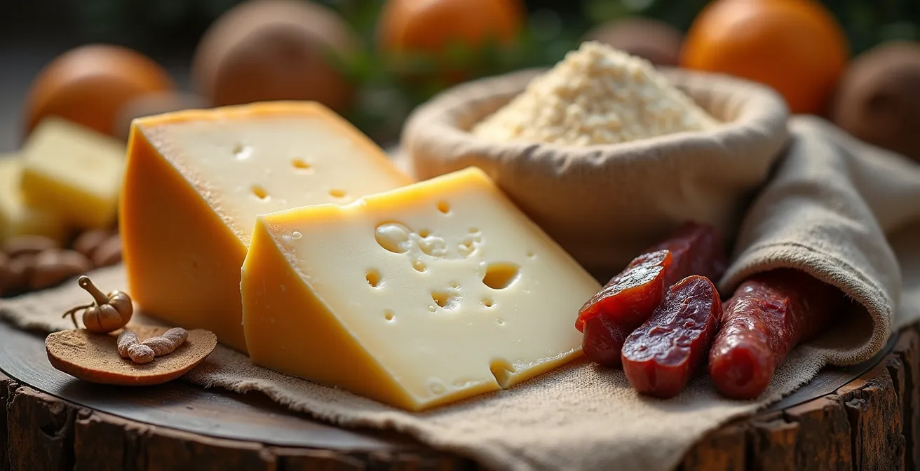 Close-up macro shot of traditional Corsican products arranged on a rustic wooden market stall