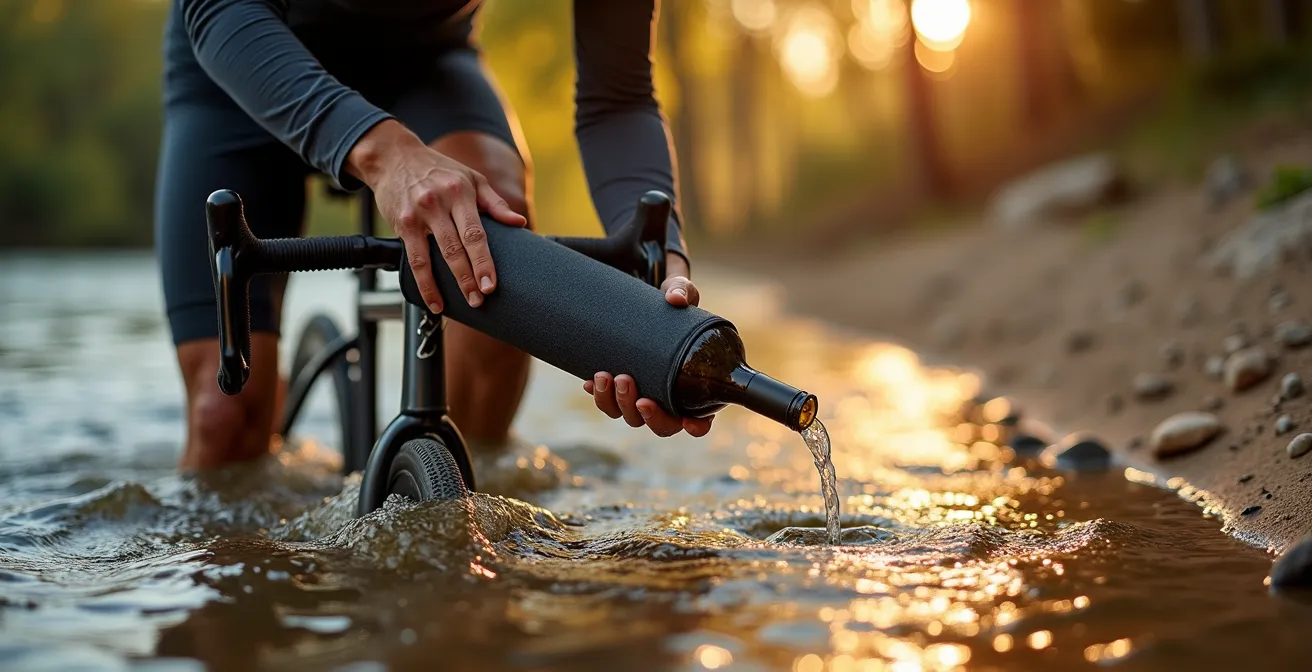 Cyclist cooling wine bottle in Loire river water with an insulated sleeve beside a touring bike