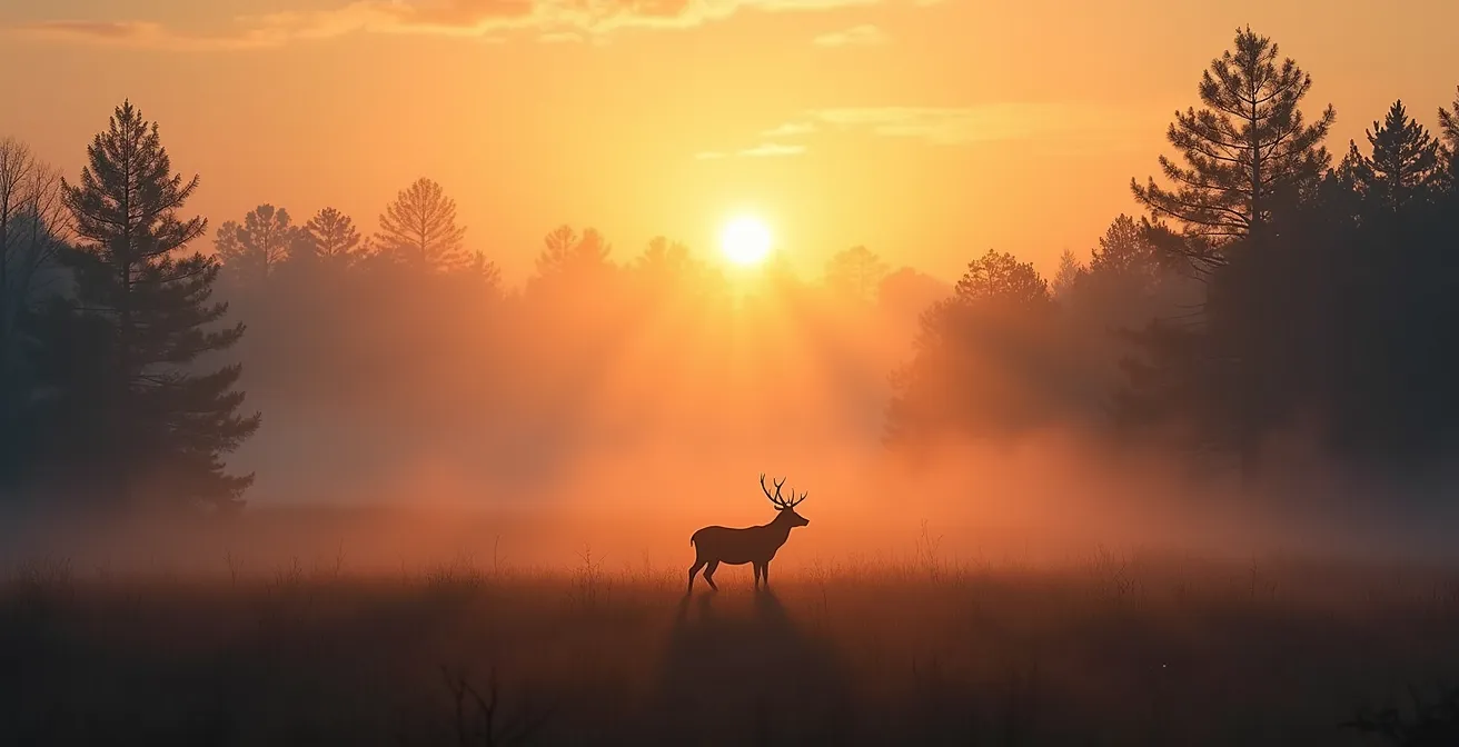 Early morning forest scene with misty atmosphere and subtle wildlife presence at golden hour