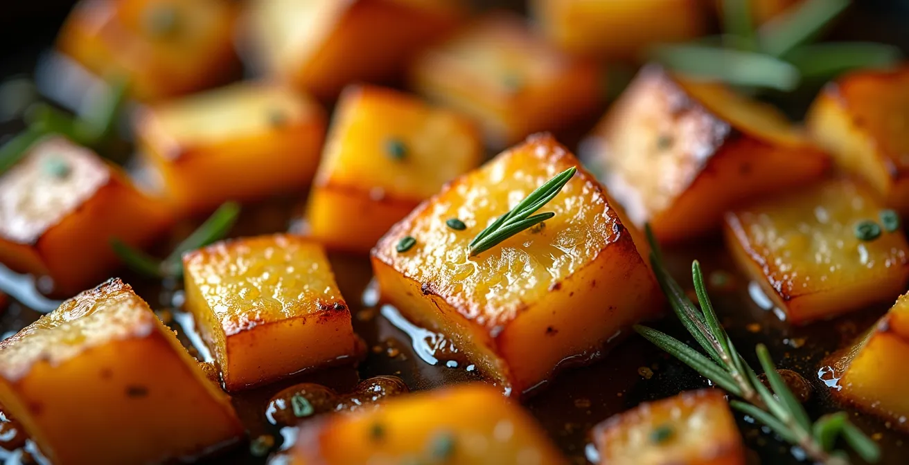 Close-up of golden crispy potatoes sizzling in duck fat in a cast iron skillet over a campfire