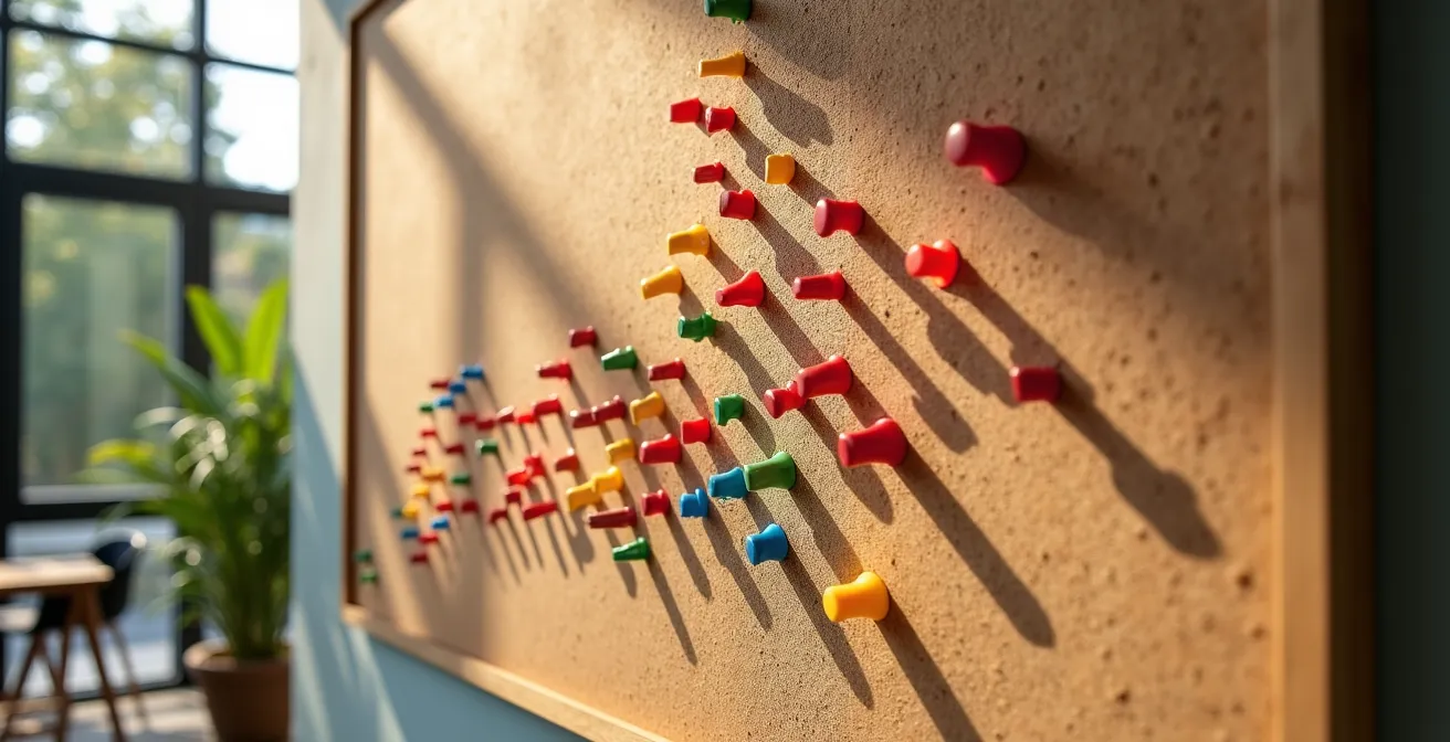 Calendar showing European school holiday overlaps creating peak camping demand through abstract pin patterns.