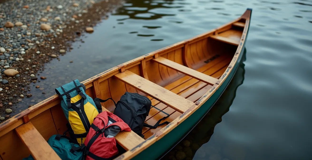 Split view showing canoe stability versus kayak on calm river water