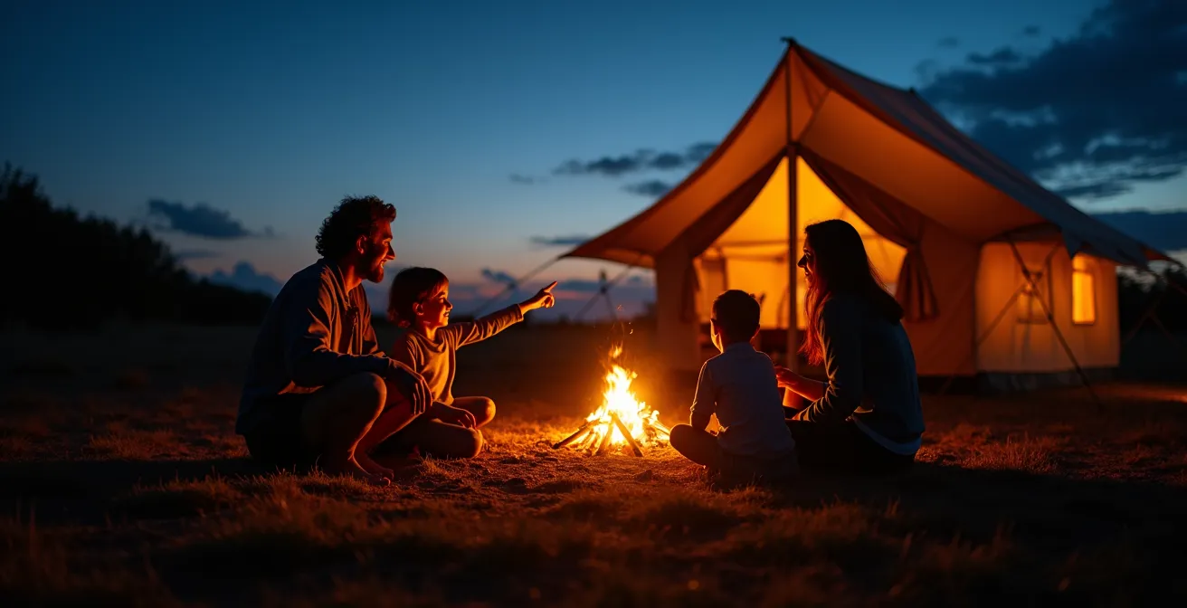 Family gathered around campfire outside luxury tent under starry sky