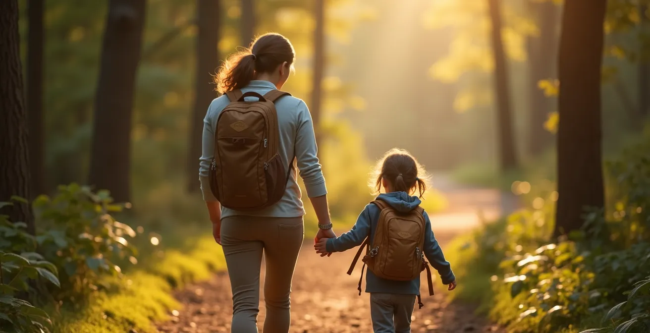 Family with young children exploring a shaded forest trail