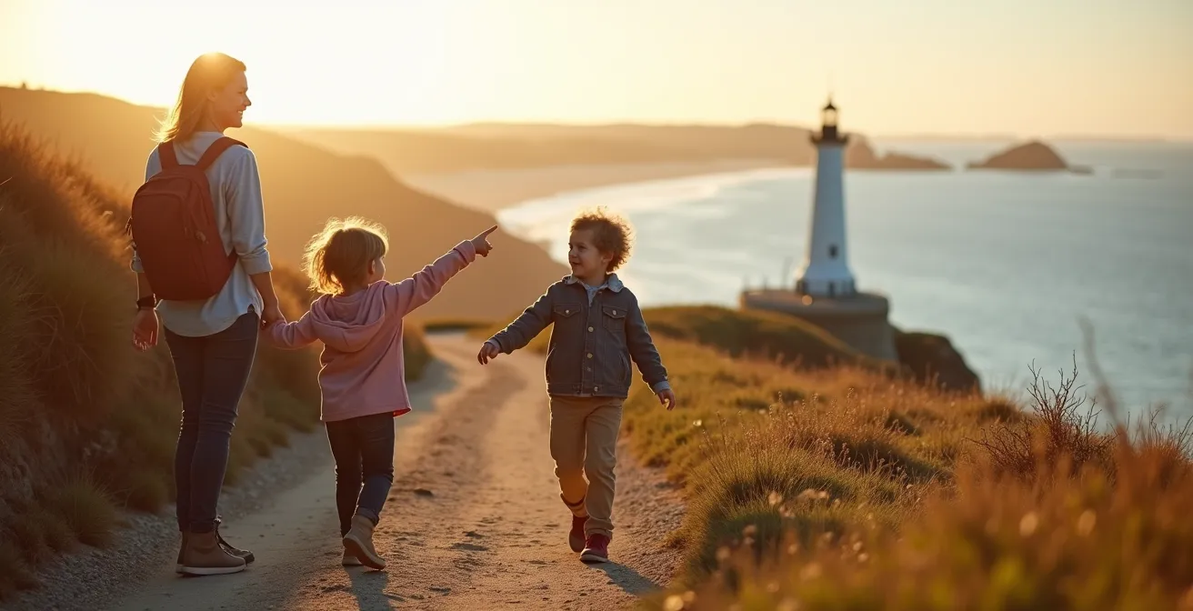Family with children exploring the GR34 coastal path with lighthouse in background
