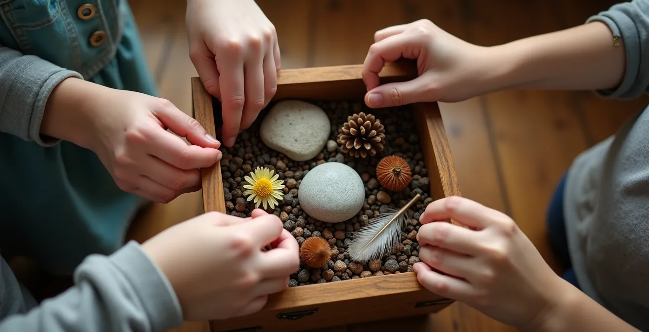 Close-up of hands arranging natural camping souvenirs in a wooden memory box