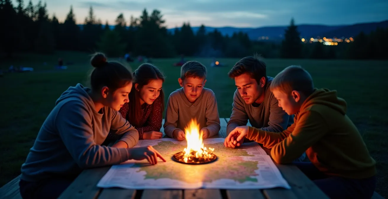 A family gathered around a campfire at dusk, looking at a camping map spread on a wooden picnic table