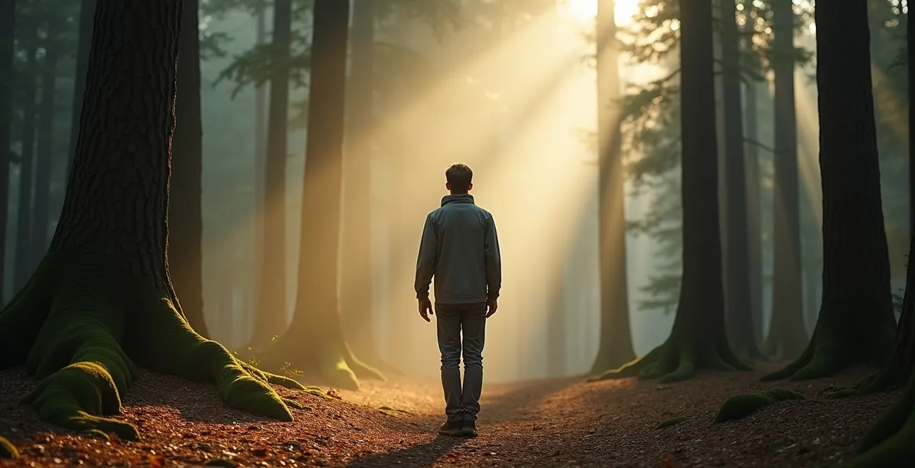 Person standing peacefully among tall trees with morning light filtering through forest canopy