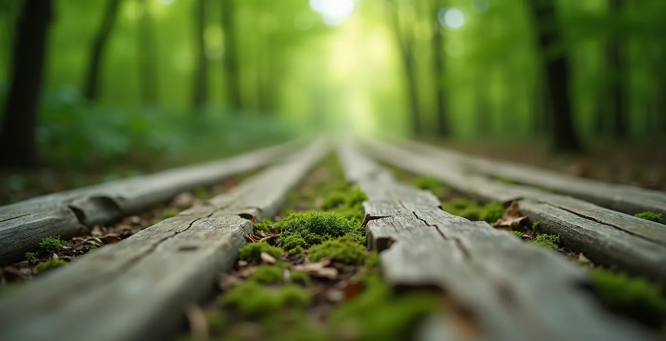 Peaceful forest clearing with natural wooden benches arranged in a circle for meditation, a perfect digital detox zone