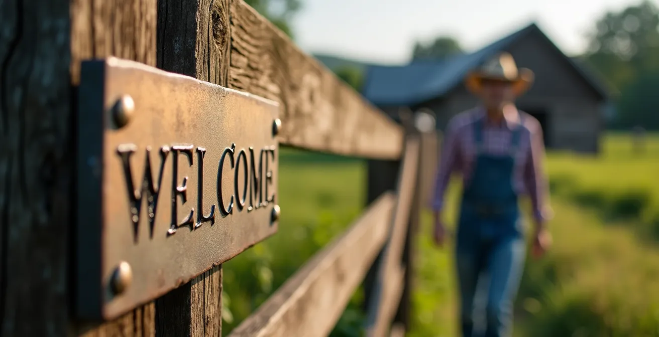 Close-up of farm entrance with quality certification display and welcoming farmer