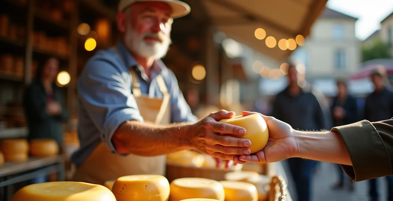 Authentic French farmstead cheese producer at local market with handmade cheese display