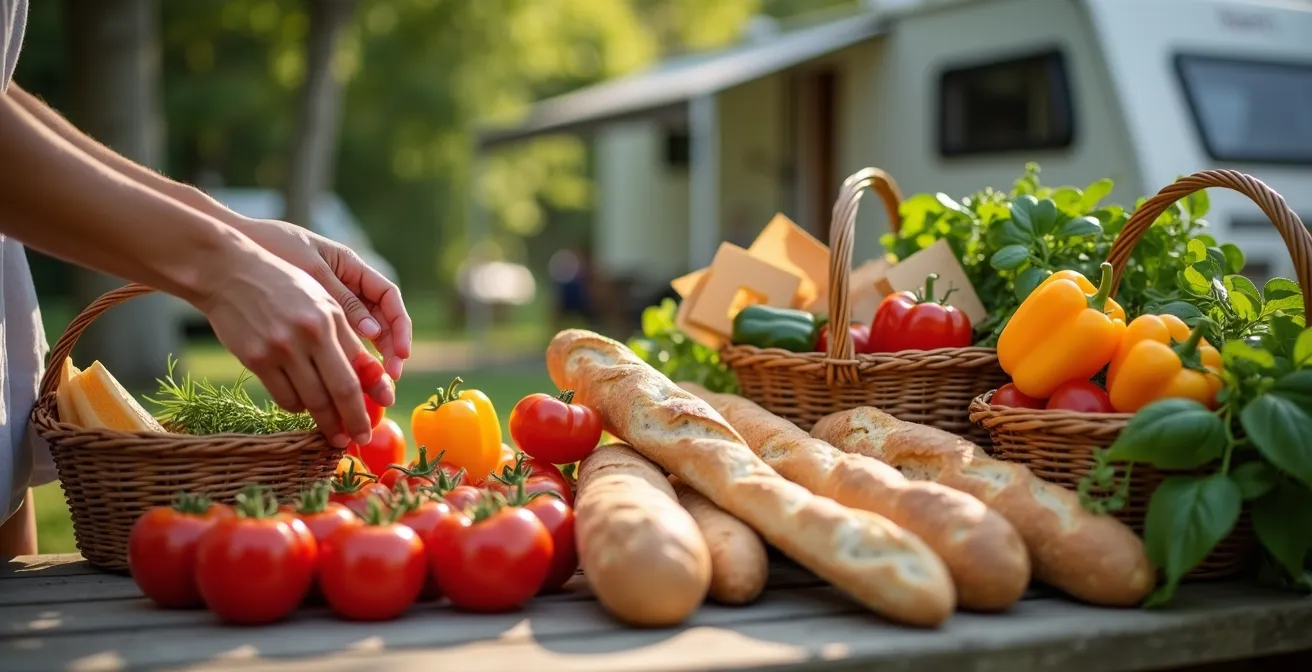 Fresh French market vegetables arranged on a rustic camping table