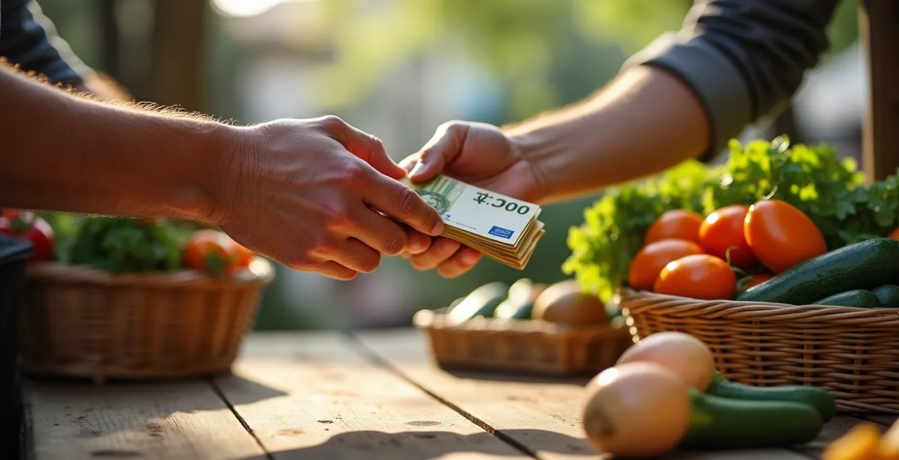 Close-up of hands exchanging euros for fresh produce at a French market stall