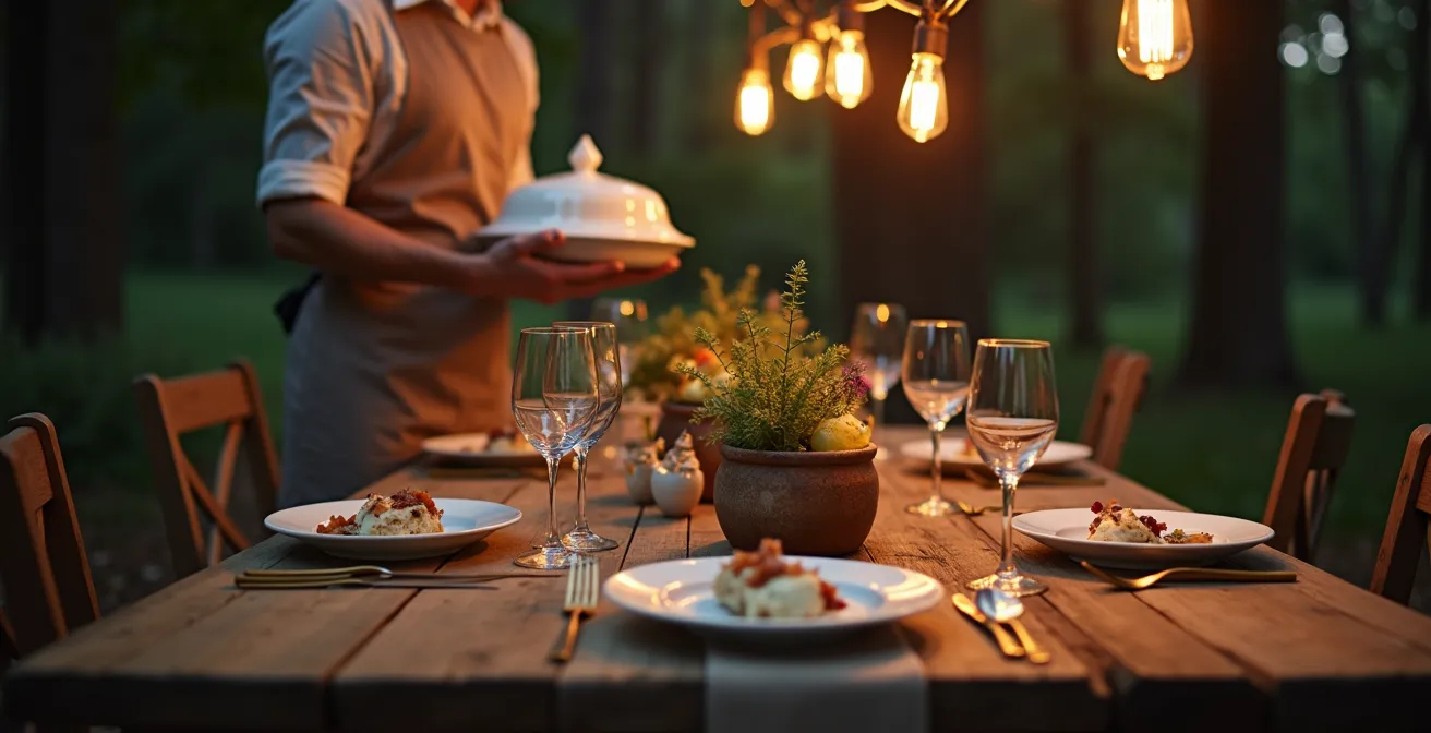 Elegant outdoor dining table set for dinner in forest glamping setting