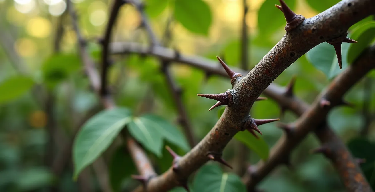 Close-up macro view of dense thorny hedge barrier showing natural security features