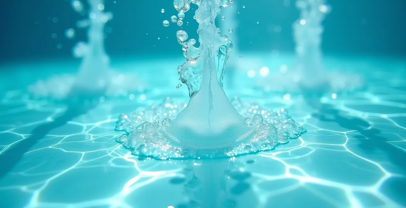 Close-up macro view of water jet streams creating therapeutic pressure patterns on water surface