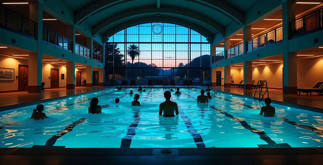 Teenagers socializing in an indoor pool complex during evening hours