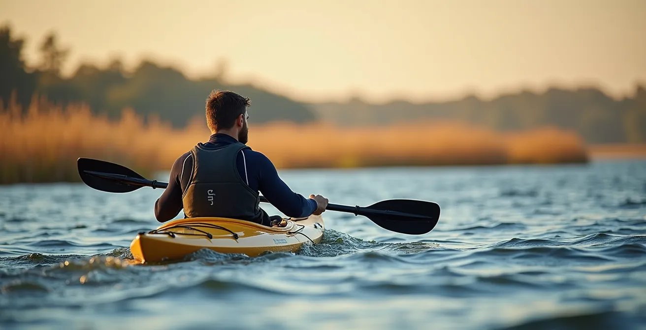 Kayaker observing water surface patterns and wind indicators on a lake at dawn