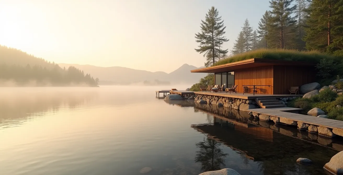 Serene lakeside eco-lodge with morning mist over pristine lake surrounded by untouched forest