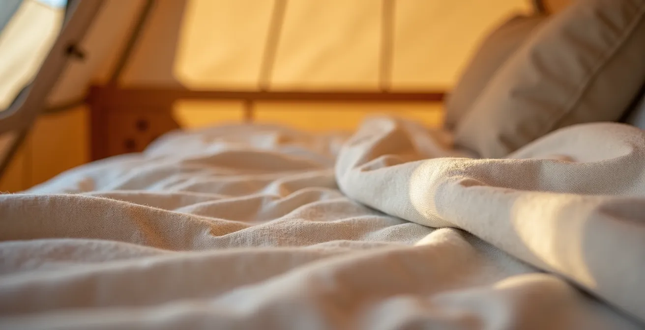 Close-up of premium camping bed linens with natural textures and soft morning light