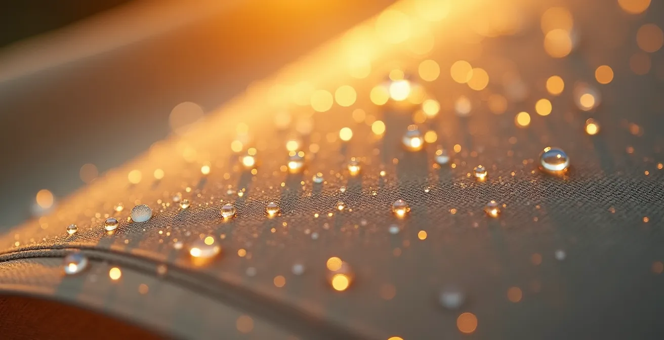 Extreme close-up of canvas tent fabric showing breathable texture with morning dew