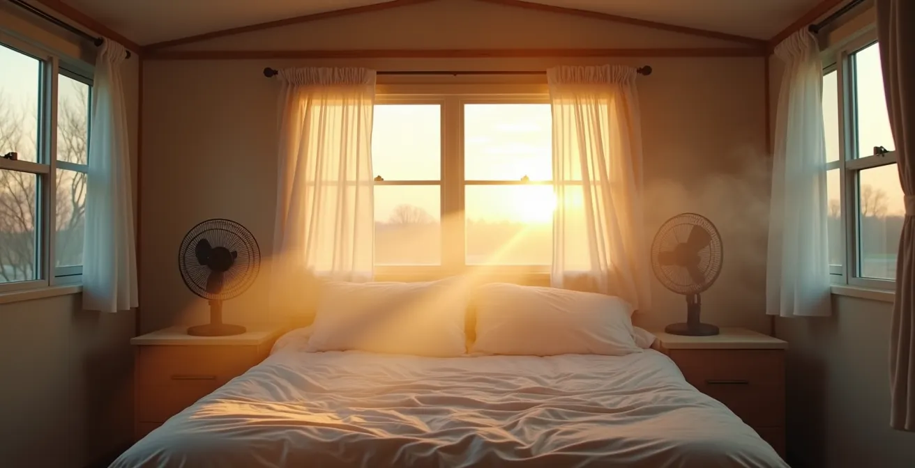Interior of mobile home bedroom showing strategic fan placement and window positioning for optimal nighttime cooling