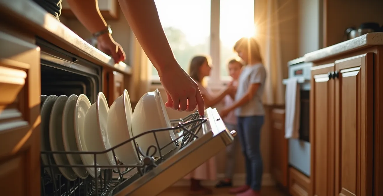 Compact camping kitchen setup with modern appliances in warm evening light