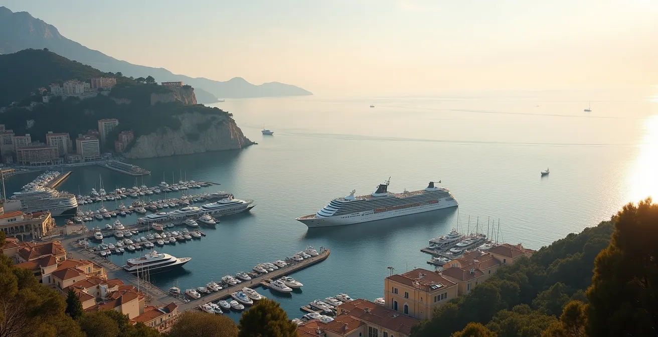 Aerial view of Monaco harbor with yachts at sunrise from hillside perspective