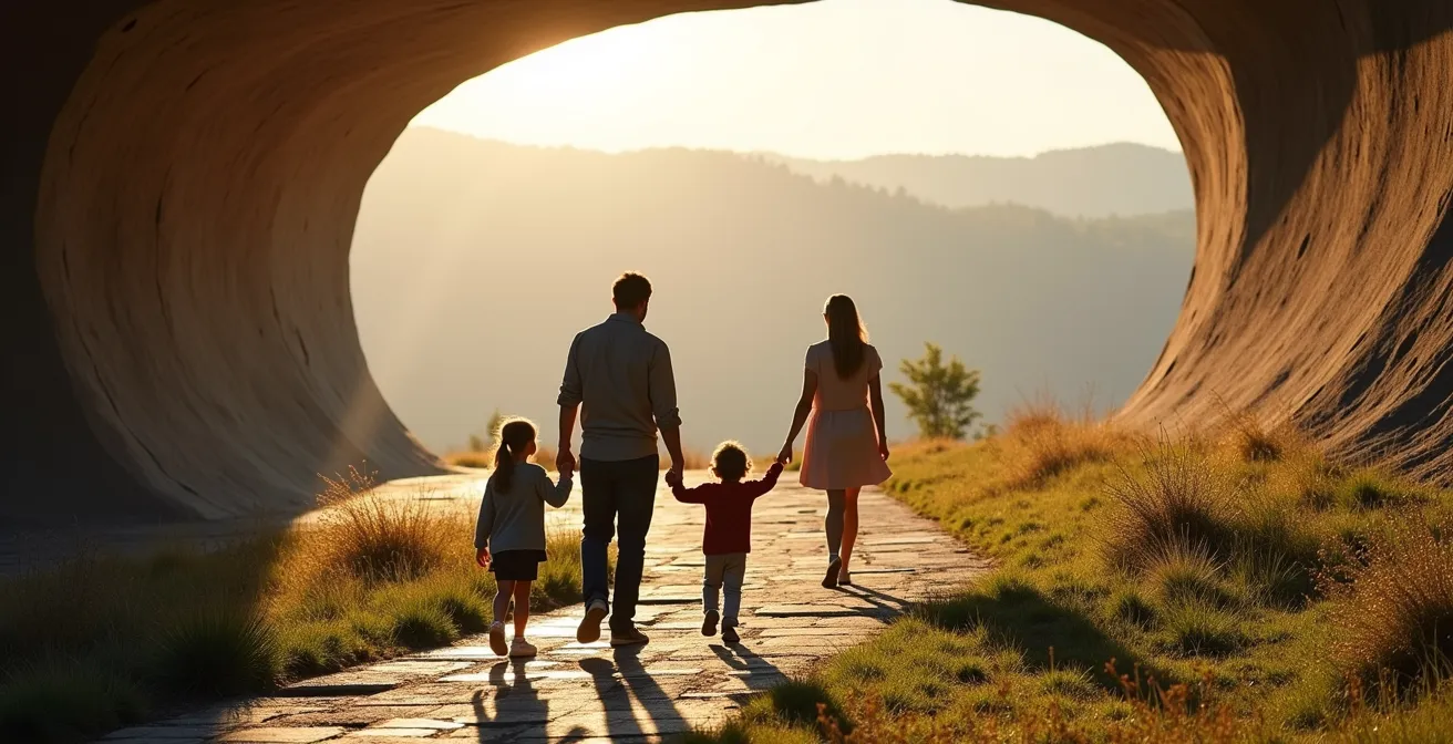 Early morning sunlight on the modern entrance of Lascaux IV with no crowds