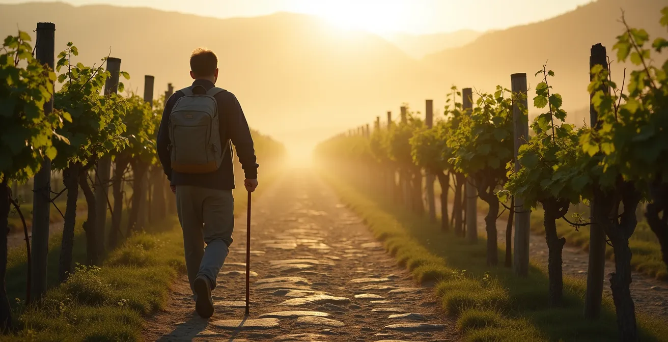 Stone path winding through misty vineyard rows at dawn