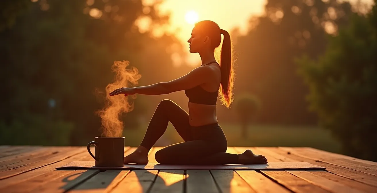 Silhouette of a person performing morning stretches on a wooden deck as the sun rises in the background.