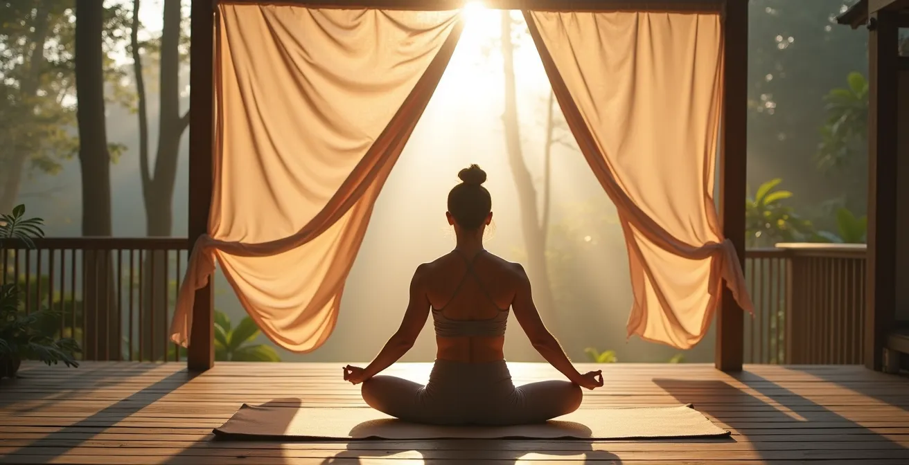 Person in yoga pose on a wooden deck with privacy screens and serene nature surroundings.