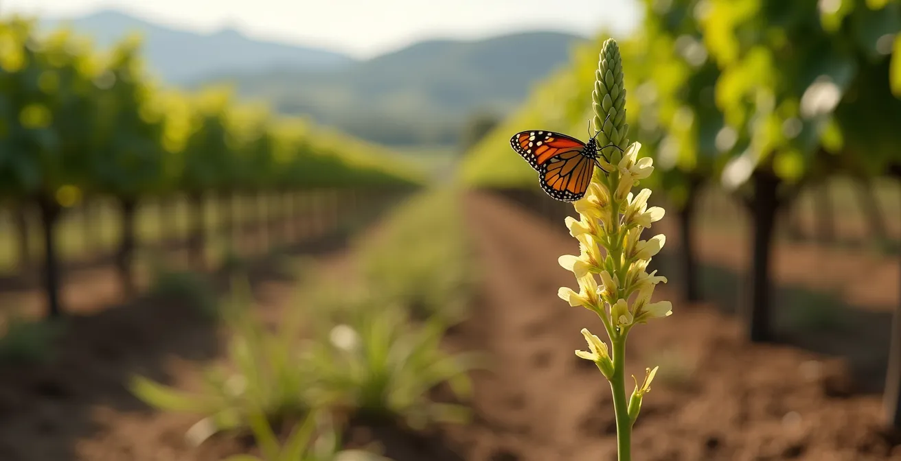 Wild orchids growing between vineyard rows with butterfly
