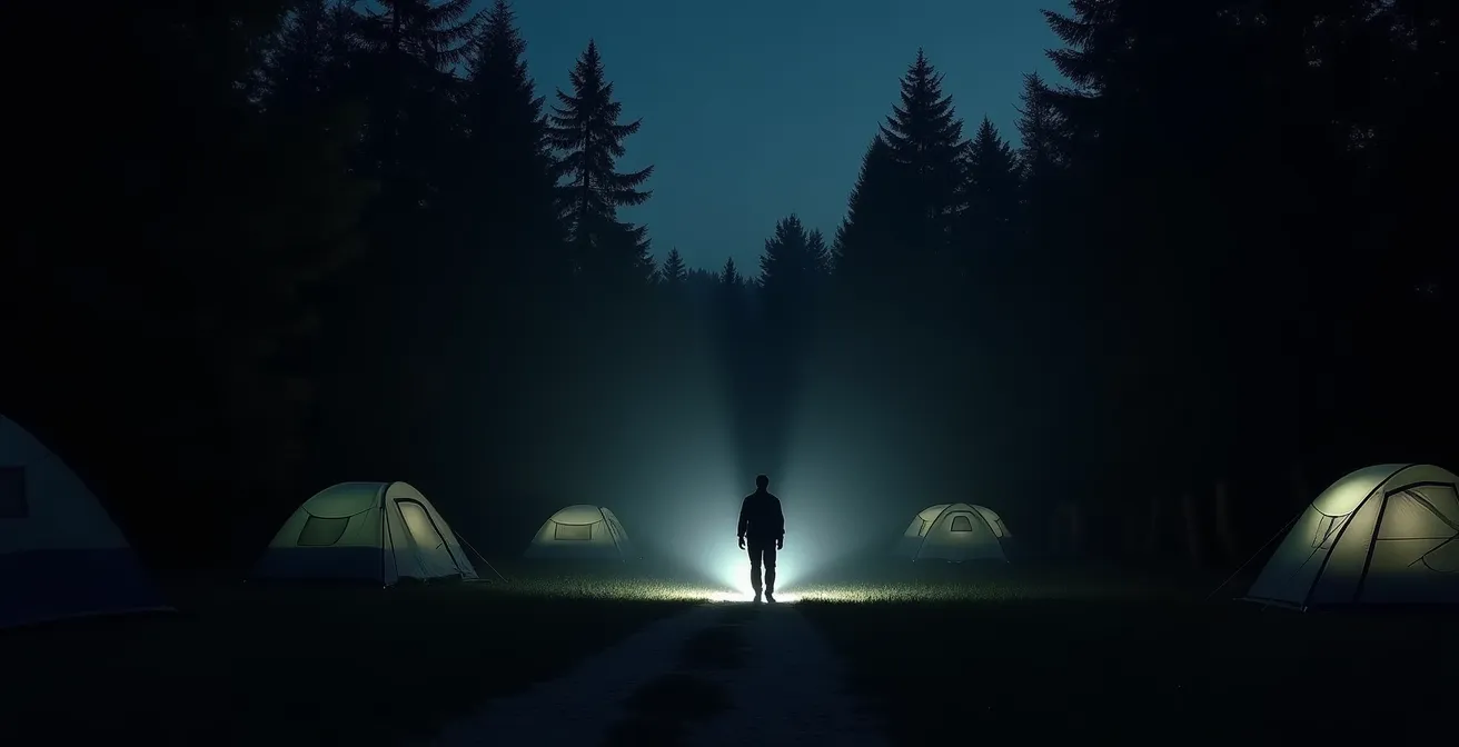 Security guard conducting strategic night patrol at campsite during peak vulnerability hours