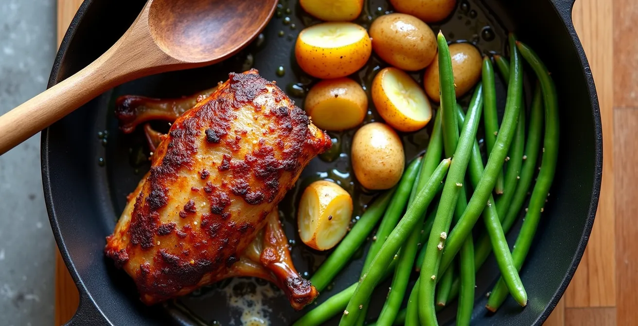 Overhead view of a single cast iron pan showing the sequential cooking stages with crispy duck, golden potatoes, and fresh green beans at a campsite